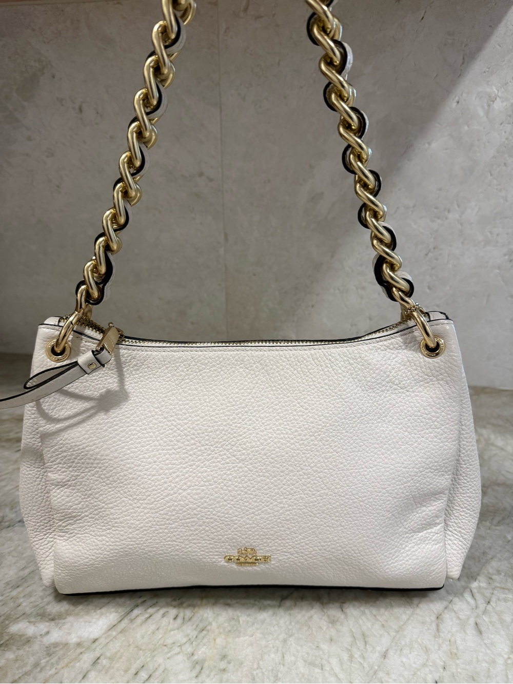 Coach Chalk Pebbled Leather Shoulder Bag with Gold Chain Strap